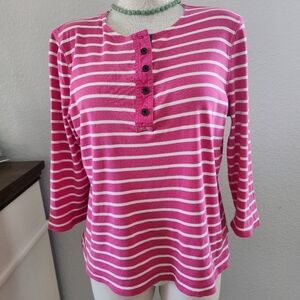 Lauren Ralph Lauren CO. Faites Pink & White Striped Quarter Sleeve Top Size XL